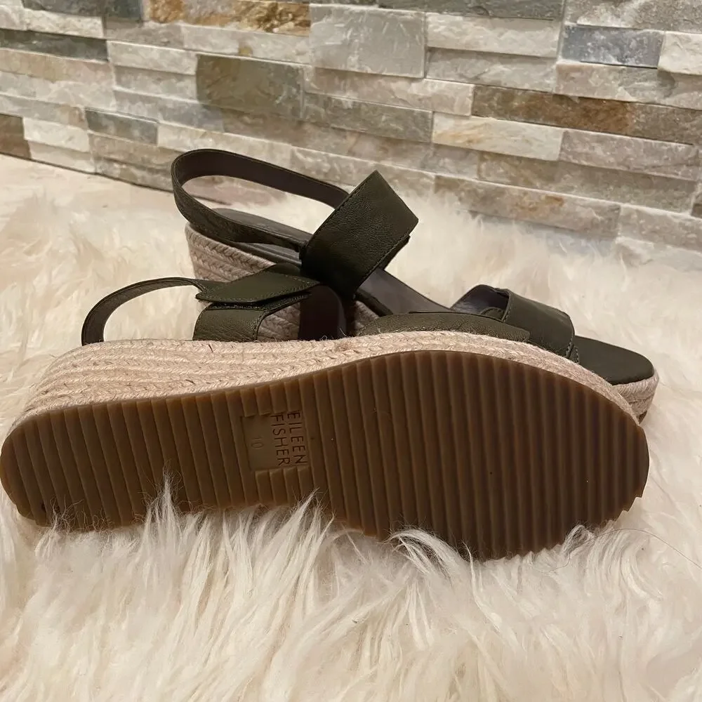 Eileen Fisher 10 Olive Leather Wedge Sandals | Espadrille Platform, Adjustable
